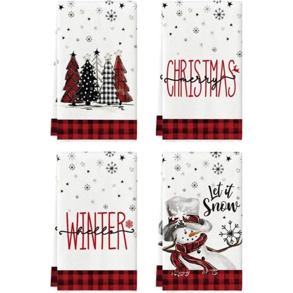 Red Black Plaid Snowman Xmas Trees Christmas Kitchen Towels